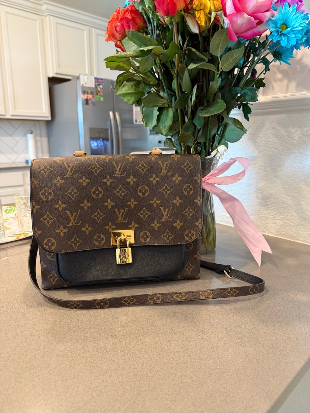 Louis Vuitton Brown Monogram Crossbody with Black Trim and Gold Lock